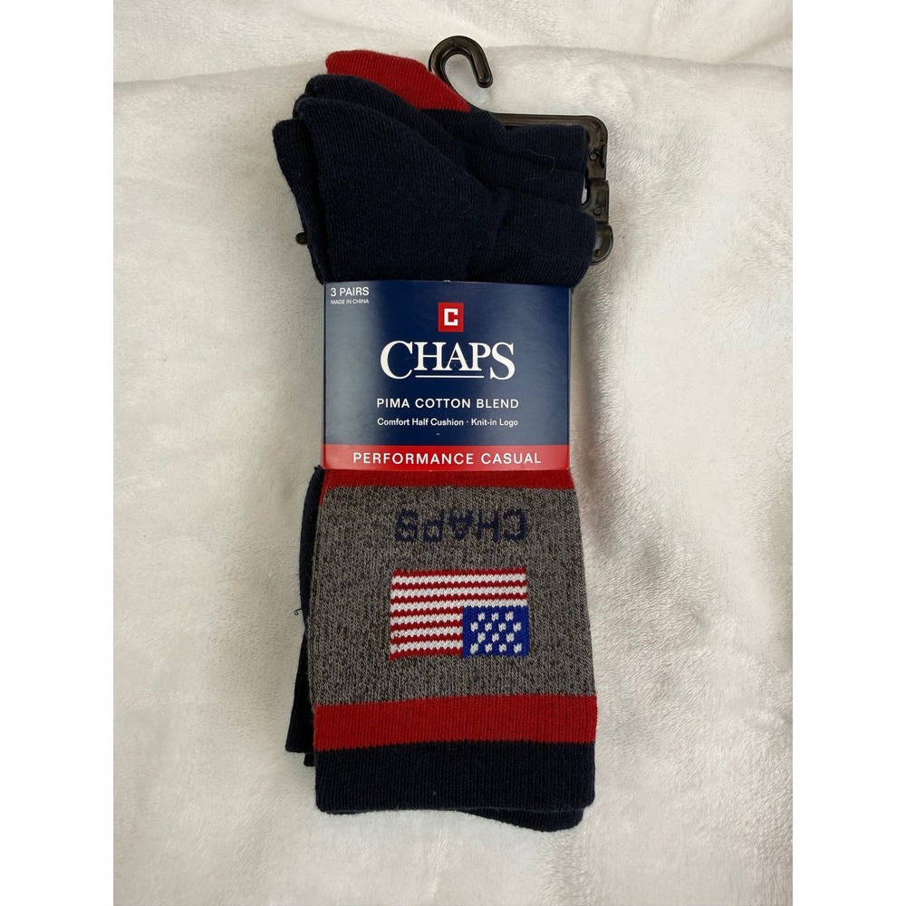 Chaps Mens 3 Pair Pima Cotton Blend Performance Casual Socks American Flag Navy